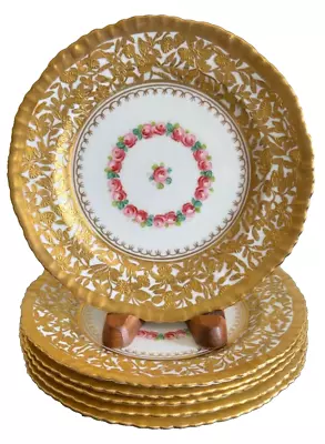 Buy Hammersley Early 1900's Raised Gold & Roses Decoration English Porcelain Plates • 568.34£
