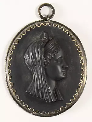 Buy = 18th C Silver Framed Wedgwood Black Basalt Medallion Cameo Portrait ARSINOE • 444.67£