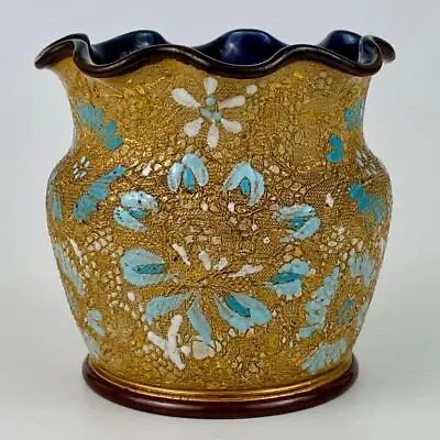Buy Antique C1891 Doulton Lambeth Vase Slater Gold & Blue 10.5cm Wave Rim Stoneware • 35£