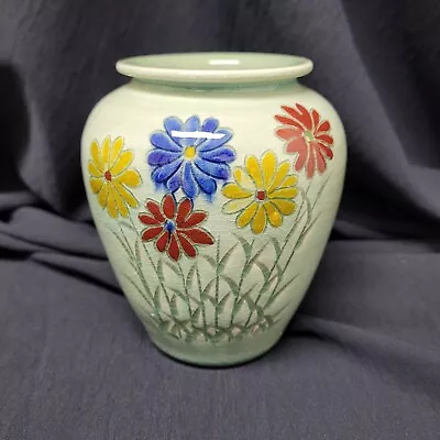 Buy Celedon Green Crackle Flower Vase Spring Flowers Signed Heikang 4.5  Handpainted • 22.93£