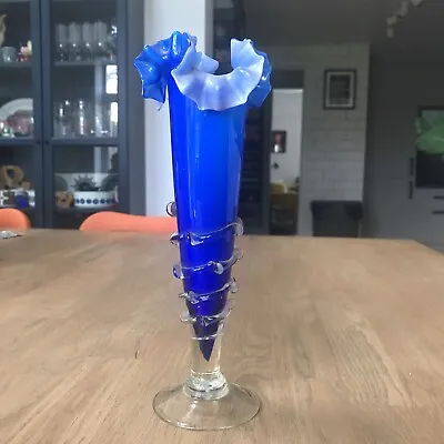 Buy Czech Art Deco Ruffle Top Blue Glass Vase Hand Blown Art Glass Studio Glass • 19.99£