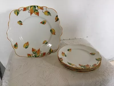 Buy Art Deco FOLEY Bone China Cake Plate & 4 Side Plates Pattern 903 Leaves Design • 14.99£