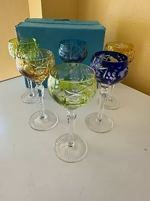Buy Antique Bohemian Cut To Clear Crystal Multicolor Stem Wine Goblet Glasses W/Box • 128.08£