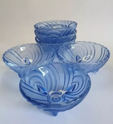 Buy 6 X Crown Glass Australia 1930s Blue Glass Dessert / Salad Bowls Three Legs • 26£