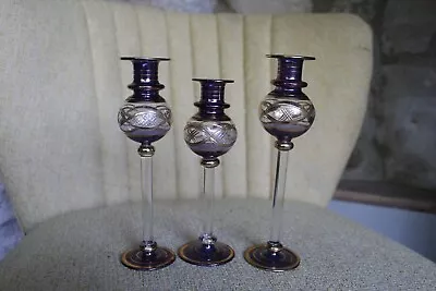 Buy Three Glass Candlestick Reducing In Height 19.5, 19 & 17cm  Blue And Gold • 16£