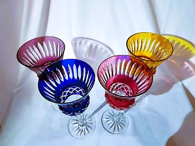 Buy SET 4 Crystal Multi Colored Wine Glasses CUT TO CLEAR– Blue Red Gold Purple • 154.20£