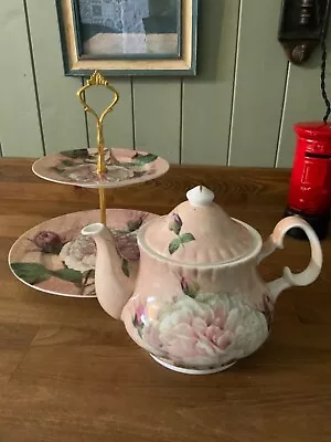 Buy Antique Rose Fine Bone China Tea Pot And Matching Two Tier Cake Stand • 6£