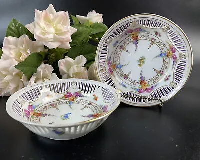 Buy Schumann Bavaria Porcelain Berry Bowls (2) Pierced Dresden Flowers Gilt • 24.08£