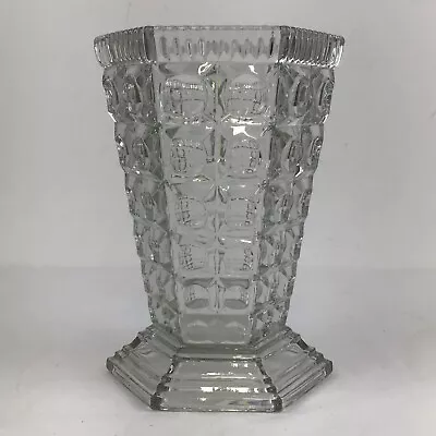 Buy Art Deco Glass Vase Large Checkerboard Pattern Hexagonal Shape Vintage Clear • 29.95£