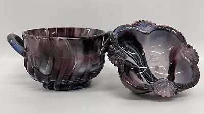 Buy Antique Victorian Amethyst Marbled  Slag Glass Sowerby Dishes Decorative X 2 • 34£