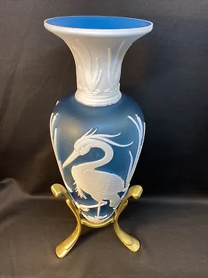 Buy Fenton Art Glass Cameo Carved “ Heron “ On Blue Milk Overlay Vase LIMITED • 1,374.17£