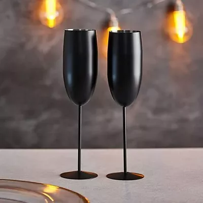 Buy 2 Modern Matt Black Stainless Steel Outdoor Prosecco Champagne Flutes Glasses • 17.98£
