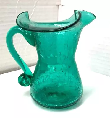 Buy Rainbow Glass Co Ruffled Rim Blown Crackle Glass Green Vase Pitcher Pontil Mark • 23.13£