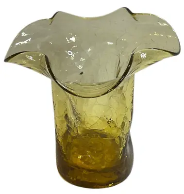 Buy Vintage Art Glass Amber Green Crackled Ruffle Top Vase - Hand Blown • 19.83£