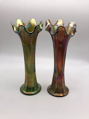 Buy Pair Of Art Nouveau Carnival Glass Fluted Vases, Green And Brown, 26cm • 45£