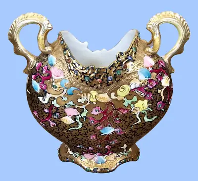 Buy Antique Nippon Double-handle Vase Art Nouveau Hand-painted Seashell Beaded Gold • 386.04£