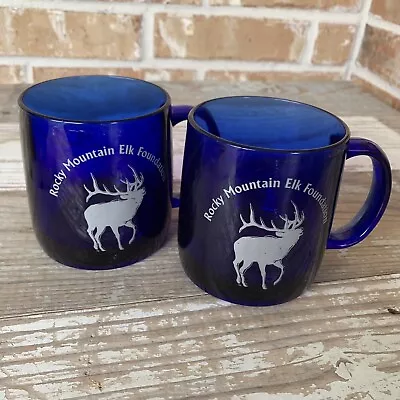 Buy Pair Rocky Mountain Elk Foundation Logo Coffee Mug Cup Cobalt Blue Glass 12oz • 23.71£