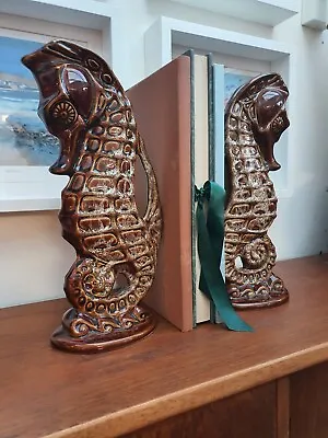 Buy Tall Pair Of Vintage Fosters Pottery, Cornwall, Brown Honeycomb Glaze Seahorses • 80£