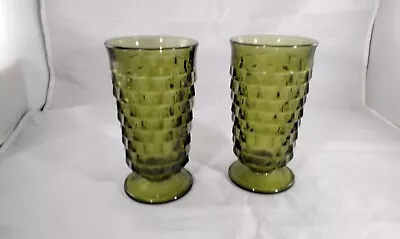 Buy 2 Vtg Indiana Glass Whitehall Avocado Green Cubist Tumblers Footed 6” Glasses • 14.15£