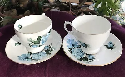 Buy Queen Anne Cup & Saucer Set X 2, Sapphire Blue Roses, Pattern Number 8282, 1960s • 20£