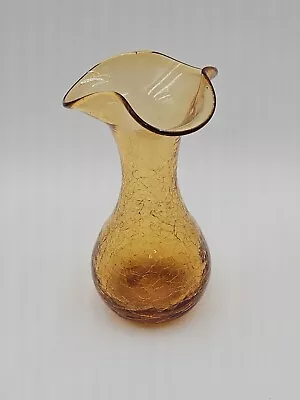 Buy Crackle Glass Vase Amber Hand Blown Art Ruffled Rim Vintage MCM 7 Inch  • 16.14£