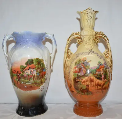 Buy 2 X Antique Transfer Printed Ceramic Vases 9  & 11  Made In England • 9.99£