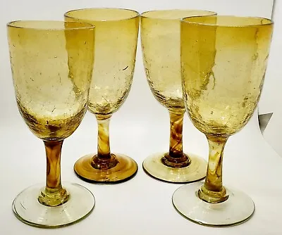 Buy Handblown Glass Amber Crackle Wine Glasses Set Of 4 Gold Luster Pier 1 Swirls • 23.70£