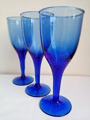 Buy Handmade Mouth Blown Cobalt Blue Wine Glasses X 3 • 23£