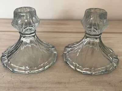 Buy Sowerby? Pair Of Clear And Opaque Blue Short Glass Candle Holders • 15£