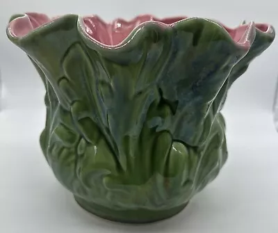 Buy Antique Majolica Pottery  Jardiniere Green Pink Flower Pot Case Planter Leaves • 100£