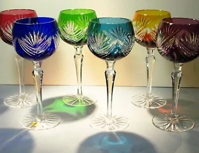Buy Set 6 CAESAR CRYSTAL Multi-Colored Wine Glasses Hand Cut To Clear Overlay Czech • 276.60£