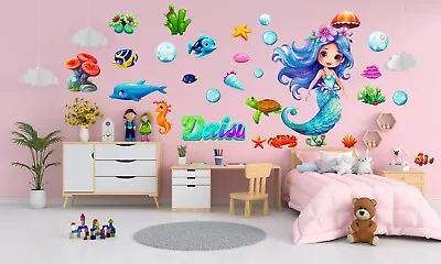 Buy 3D Mermaid Personalised Wall Stickers Set Nursery Kids Girl Room Wall Decals MS8 • 17.50£