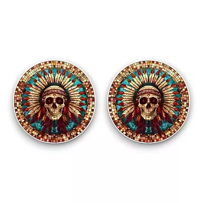 Buy 2x Small Indian Headdress Skull Stained Glass Window Effect Vinyl Sticker Decals • 2.59£