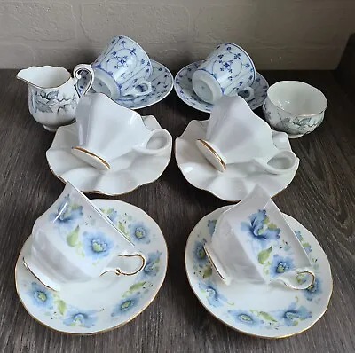 Buy Vintage Set 6 Cups & Saucers, Milk Jug, Sugar Bowl Mismatched Tea Set Blue White • 15£
