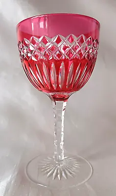 Buy Cranberry On Clear Overlay Hatch & Flute Cut Cup Bowl Wine Glass/Glasses  E20thC • 25£