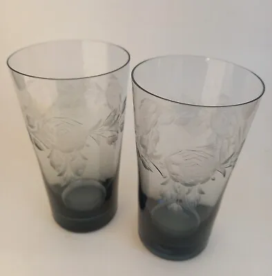 Buy 2x Vintage Smokey Grey Glass Cut Etched Engraved Rose Flower Tumblers • 6£