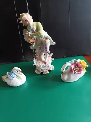 Buy Bone China Floral Figurine & Two Floral Swans • 0.99£
