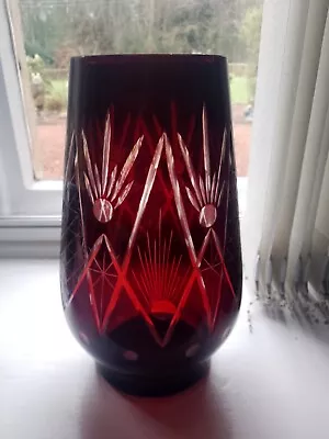 Buy Quality Large Vintage Bohemian Cranberry Ruby Cut Glass Etched Vase 10 Inch Tall • 42.95£