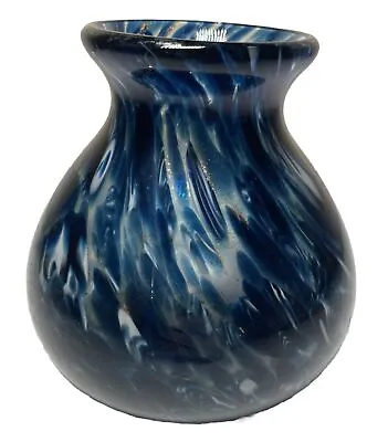 Buy Heavy Hand Blown Cased Art Glass Vase Blue Gold Swirl Murano Style 5” Tall Round • 33.57£