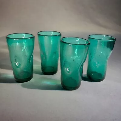 Buy 4 Blenko Vintage Sea Green/Teal Glasses Crackle Dimple Pinched Tumblers 1960s • 57.54£