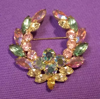 Buy Vtg Unsigned Gold-tone Multi Color Rhinestone Brooch Pin Green Pink & AB Stones • 13.70£
