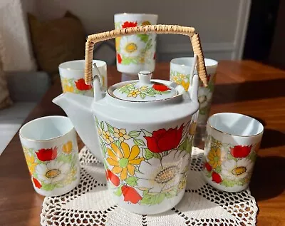 Buy Vintage MCM Floral Tea Set With 5 Cups, Bamboo Handle. Made In Taiwan - Rare • 35.91£