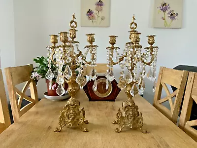 Buy Pair Of Signed LANCINI Antique Brass Candelabra With Crystal Glass Droplets • 395£