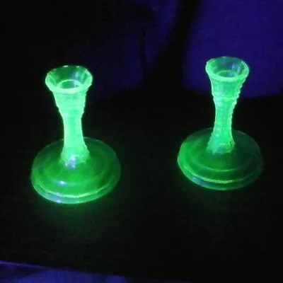 Buy Vintage Green Uranium Glass Pair Candle Sticks 14 Cm / 5.5 Inch High • 38£