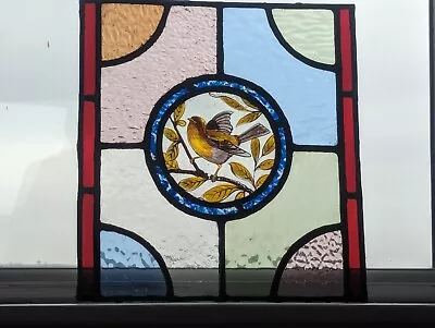 Buy Outstanding Antique Compact Stained Glass Window Panel With Hand Painted Bird • 620£