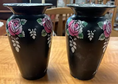 Buy Pair Of Art Deco Shelley 8103 Riself Pink Roses Black Vases (A/F) • 35£