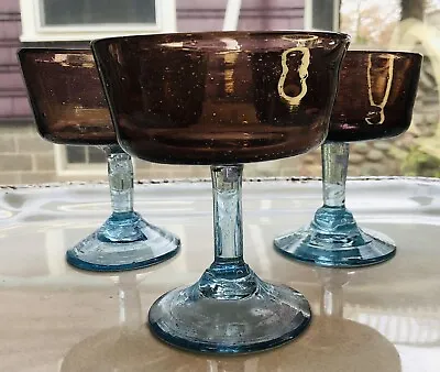 Buy 1980's Mexican Amethyst Blue Cocktail Glass Hand Crafted Barware Set Of 4 • 43.61£