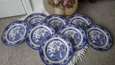 Buy English Ironstone Staffordshire Old Willow Dinner Plates X 8 • 20£