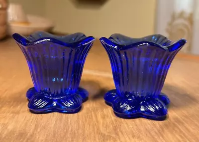 Buy Pair Of Vintage Cobalt Blue Floral Ribbed Glass Candleholders 2-1/8  Tall • 18.97£