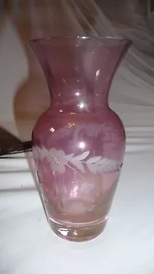 Buy Vintage Bohemia Pearlised Pink Raspberry Etched Glass Vase - 16cm High VGC • 4.95£